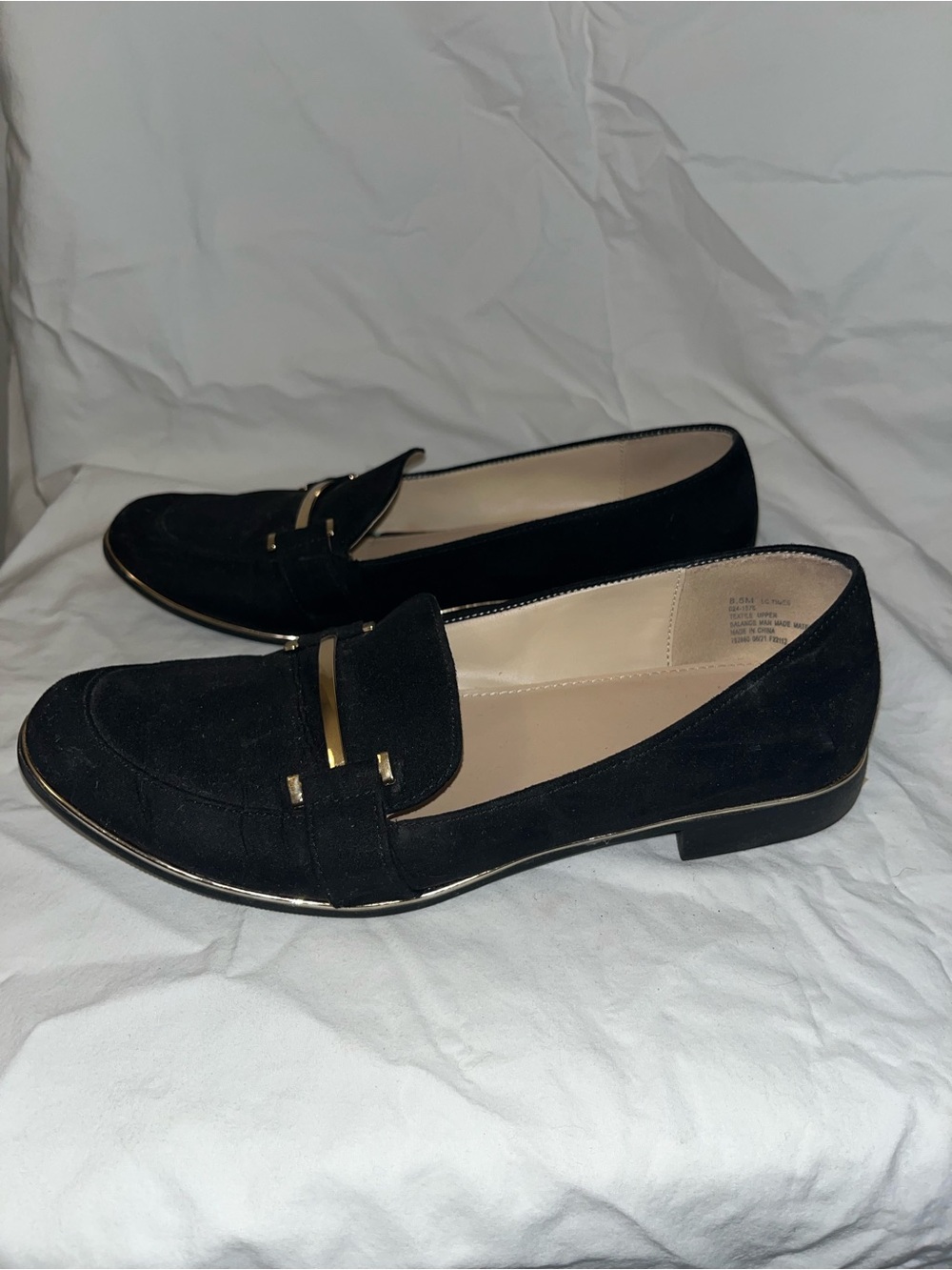 Liz Claiborne Black Suede Loafers with Gold Trim